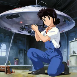 a film still of a 1 9 5 0's mechanic anime girl repairing ufo in big hangar inside spaceship, sharp focus, finely detailed features, full body mid shot, perfect art, trending on pixiv fanbox, painted by gaston bussiere, makoto shinkai, akihiko yoshida, gaston bussiere, craig mullins