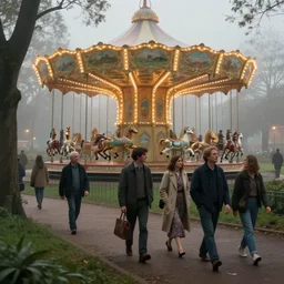 walking in the park, merry - go - round in the background, misty evening, fantasy art, highly detailed matte painting, low angle view, telephoto lens 2 0 0 mm, by stanley artgerm lau, greg rutkowski, thomas kinkade, alphonse mucha, loish, norman rockwell, artstation