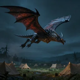 wyvern flying low over tents on a plain, at night, fantasy art, artstation, dnd, dramatic lighting, concept art, 4 k, hyper realistic