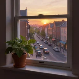 the view from inside an apartment looking out a window into a busy street, by alan lee, sunset, windowsill has a big flowerpot, window glass reflecting, intricate, highly detailed terrain, digital painting, artstation, concept art, smooth, sharp focus, illustration, vfx