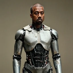cinematic photograph of Kanye West dresses as a cyborg, minimal album cover, shallow depth of field, 40mm lens, gritty, textures