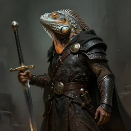humanoid with an iguana head, claok and hood warrior, evil sword. Matte painting by Craig Mullins and Anato Finnstark style of magic the gathering, dark fantasy, style of game of thrones, concept art trending on artstation, 4k, insane details