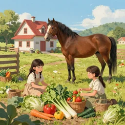 gorgeous old classic farm, vegetables, one beautiful detailed horse in the back, cute farmhouse, cinematic, slightly vibrant palette, trending on artstation, digital art, by lulu chen and lynn chen