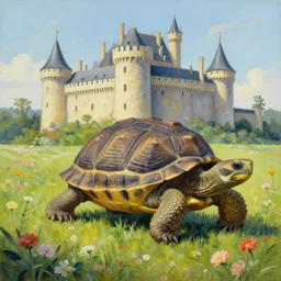 a beautiful painting of a large walking turtle castle in a field of flowers by moebius