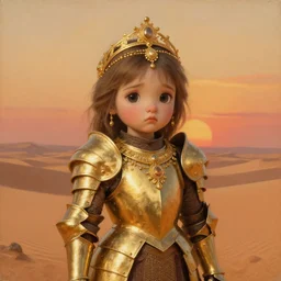 a cute sad dejah thoris on mars wearing detailed plate armor made of gold, portrait, after a battle, big gold jewelry, elegant small tiara, sand dunes to the horizon, fantasy, smooth, 4 k, sunset, oil painting on canvas by sargent and alphonse mucha, wlop