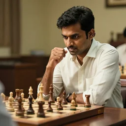 photo of Vishwanathan Anand looking at a chess board, photo journalism, photography, cinematic, national geographic photoshoot