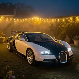 bugatti veyron, warm lighting, fog, fairy lights, backyard at late night, tumblr aesthetic