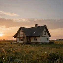 house in style tudor on grassland, sunset, very wide view, atmospheric, hyper realistic, photography, 8k, epic composition, award winning, cinematic, unreal engine, artstation