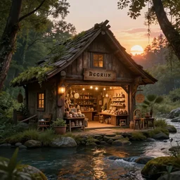 beautiful ancient fantasy store at sunset, trending on Artstation, octane render, unreal engine, visually stunning, award winning, river, forest
