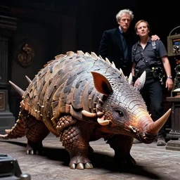 movie frame still from live action adaptation of armored pinup versus a pangolin, directed by steven spielberg, 8 k, vhs glitch, ultra wide angle, high contrast, zenith view, greg rutkowski, intrincate, highly detailed, ilm, oscar winning photography, dramatic lighting, greg nicotero, beautiful image