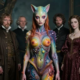 a portrait photograph of sadie sink as a elegant brightly colored satyr alien hybrid with wet mutated skin. wearing an infected organic catsuit. by tom bagshaw, donato giancola, hans holbein, walton ford, gaston bussiere, brian froud, peter mohrbacher and magali villeneuve. 8 k, cgsociety