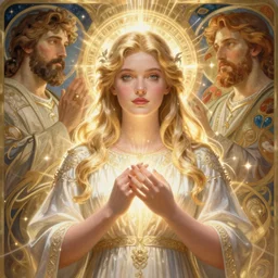 digital character concept art by artgerm and greg rutkowski and alphonse mucha. clear portrait of a modern young wife blessed by god to uncontrollably become overwhelmingly perfect!! blonde, full - figured in clothes, obviously feminine holy body!! light effect. hyper detailed, glowing lights!! intricate, elegant, digital painting, artstation, smooth, sharp focus