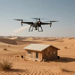 drone with missiles flying over a cabin in the dessert realistic