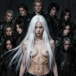 a fancy portrait of a young ripped girl with long white hair by greg rutkowski, sung choi, mitchell mohrhauser, maciej kuciara, johnson ting, maxim verehin, peter konig, bloodborne, 8 k photorealistic, cinematic lighting, hd, high details, dramatic, dark atmosphere, trending on artstation