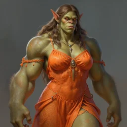 mucled orc princess wearing an orange summer dress, intricate, highly detailed, digital painting, artstation, concept art, smooth, sharp focus, illustration, Unreal Engine 5, 8K, art by artgerm and greg rutkowski and alphonse mucha