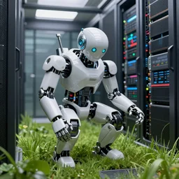 the robot humanoid works in inside the data center server closeup macro, cinematic view, detailed, concept art, high detail, volumetric, vivid, beautiful, trending on artstation, by jordan grimmer, huge scene, grass, art greg rutkowski