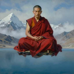 a close - up abstract portrait of a tibetan monk in lotus position flying over himalaya mountains lake in weightlessness in liquid traditional red cloth, small foggy and blue gloomy, highly detailed, impressionism abstract surrealism science fiction paint by salvador dali, jeremy geddes