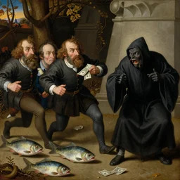 The medium shot of three sarcastic mans with fishes running away with a small profit of money, Grim Reaper laughs and follow them, by Hieronymus Bosch and Pieter Bruegel, super detailed oil painting, proportional faces, hyper realistic, 4k, masterpiece