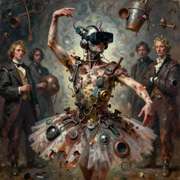 junky ballet dancer, cybertronic gadgets and vr helmet, durty colours, rotten textures, rusty shapes, biotechnology, dariusz zawadzki, tim hildebrandt, wayne barlow, bruce pennington, larry elmore, oil on canvas, luminosity, deep depth field, masterpiece, cinematic composition, hyper - detailed, hd, hdr