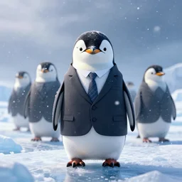 cinematic shot epic portrait cute fluffy penguin in a suit standing on ice, blizzardy, winter, ice, ocean, broad light, ambient occlusion, volumetric light effect, made by ivan aivazovsky, peter mohrbacher, greg rutkowski, matte painting, trending on artstation, 4 k, perfectly defined features, digital painting, cinematic, epic, highly detailed,