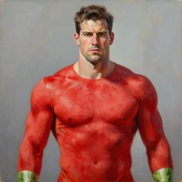 watermelon man, superhero, oil on canvas painting by william sidney mount, character portrait, vivid, skintight suit, trending on artstation