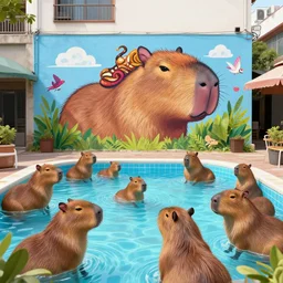 digital street art a bunch of capybaras in the community pool