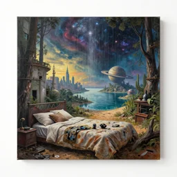 a beautiful very detailed painting of bedroom nature industrial architecture abandoned by banksy, vice city evil san andreas desert showers nature cosmic at dawn landscape elysian gem at dusk forest fantasy liberty city architecture island saturn dramatic lighting fisheye tron lake, archdaily, wallpaper, highly detailed, trending on artstation.
