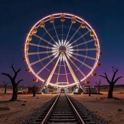 ferriswheel from the land of nightmares. empty desert. dead trees. railway leading to that ferriswheel. atmospheric. vivid colours. darkness. coldness.