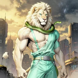 aesthetic portrait commission of a  of a male fully furry muscular anthro albino lion  with a tail and a beautiful attractive hyperdetailed face with a pet green snake curling around his neck, wearing stylish and creative wearing  mint outfit made out of silk in a sci-fi dystopian city at golden hour while it storms in the background. Character design by charlie bowater, ross tran, artgerm, and makoto shinkai, detailed, inked, western comic book art, 2021 award winning film poster painting