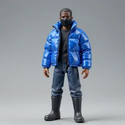 a action figure of kanye west using full face - covering black mask with small holes. a small, tight, undersized reflective bright blue round puffer jacket made of nylon. a shirt underneath. jeans pants. a pair of big rubber boots, figurine, detailed product photo, 4 k, realistic, acton figure, studio lighting, professional photo