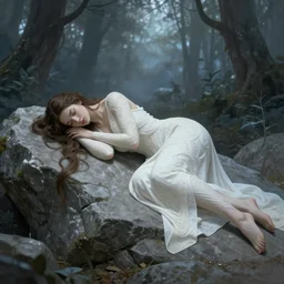 wide angle, mage, sleeping on rock, white grey blue color palette, eyes closed, forest, female, d & d, fantasy, intricate, elegant, highly detailed, long brown hair, digital painting, artstation, octane render, concept art, matte, sharp focus, illustration, hearthstone, art by artgerm, alphonse mucha johannes voss