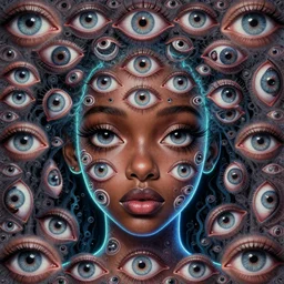 eyes!! a black girl with many eyes!, surreal art by colin christian and junji ito and anton semenov and mc escher and chet zar in a surreal portrait style with neon outlining, trypophobia! eyes, eyes everywhere, symmetry, eyes!, homicidal eyes, optical illusion, delicate and intricate, highly detailed, infinite intricacy