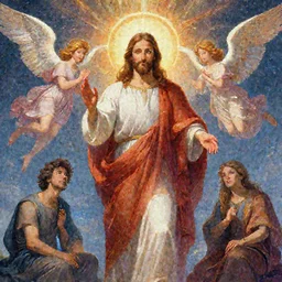 Vibrant depiction of Jesus standing next to God with angels in the background illustration by Ruan Jia and Mandy Jurgens and William-Adolphe Bouguereau, Artgerm, 4k, digital art, surreal, space dandy style, highly detailed, godsend, artstation, digital painting, concept art, smooth, sharp focus, illustration by Ruan Jia and Mandy Jurgens and William-Adolphe Bouguereau