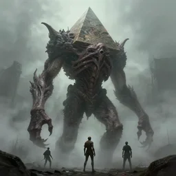 tall huge creepy humanoid with a pyramid instead of a head. character concept art, extremely high details, fog, horror, artstation contest winner, digital art by zdzislaw beksinski, wayne barlowe, dariusz zawadzki, dragan bibin, giger. masterpiece