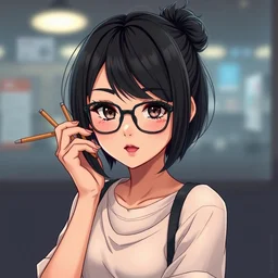 cute nerdy anime girl with short black hair and glasses, chopsticks through hairbun, beautiful lineart, depth focus, rankings pixiv, artstation, soft lighting, srgb, 4 k artstation, cinematic, by kadokawa, nitroplus, ilya kuvshinov, ross tran, leyendecker, wlop guweiz