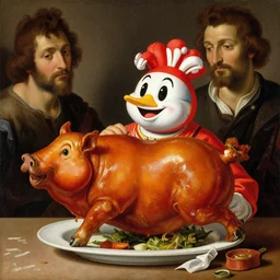 a painting of the jollibee fast food mascot eating lechon, by botticelli and rubens