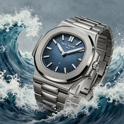wide shot of fashion dreamy digital reference of luxury watch patek philippe nautilus reference number 5 7 1 1 / 1 a - 0 1 0, blue dial, drawn by krenz cushart peter mohrbacher norman rockwell michael cheval gerald brom alphonse mucha beautiful detailed watch, french wave