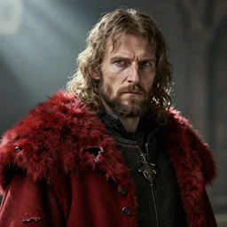 portrait of a medieval man in a torn red fur coat, highly detailed, fantasy, godrays, cinematic lighting, close up, volumetric, realistic, digital art by greg rutkowski