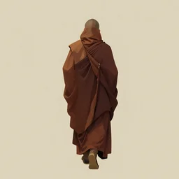a monk cloaked and hooded walking away. Artwork, plain background