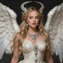Margot Robbie as an Angel Goddess, Angel wings, cute, fantasy, intricate, elegant, highly detailed, digital painting, 4k, HDR, concept art, detailed jewelry, smooth, sharp focus, head and waist potrait, art by Artgerm and H R Giger and Greg Rutkowski and Alphonse Mucha
