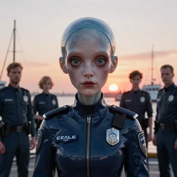 unsettling, noble rubbery albino with thin lips, huge eyes and suspicious expression, wearing science fiction police uniform by docks at sunset, by deak ferrand, wayne barlowe, simon stalenhag, and greg rutkowski