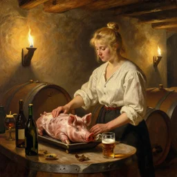 hot blonde working in a wine cellar, food, pork, beer, schnapps, rustic, traditional, torches on the wall, painting by vladimir volegov and carl larsson