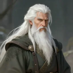 a druid magician white hair and white beard. digital artwork.
