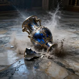 an ornate baroque vase breaking on the marble tile floor, exploding into dust, dark - blue light - blue gold silver white black beige, volumetric dust rays, intricate detail, ultra realistic, cinematic lighting, moody, wet, shiny,