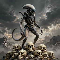 a xenomorph standing on a mountain of skulls, heroic position, detailed digital art