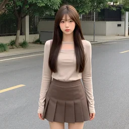 pretty short girl with long straight hair, skirt, long sleeve band shirt