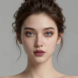 complex 3 d render, ultra detailed, portrait of a beautiful porcelain skin woman, face, wavy hair worn tied back in a messy bun, blue eyes with brown eyeshadow, mauve lips, natural makeup, 1 5 0 mm lens, beautiful, studio portrait,