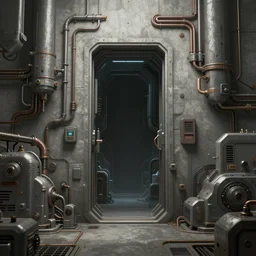 a rectangular doorway in the middle surrounded by complex machinery in a concrete room is a portal to another dimension. in the style of john berkey. trending on artstation and deviantart. digital art. sci - fi