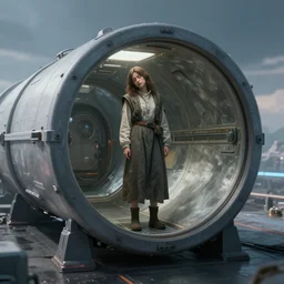 girl sleeps standing inside cylindrical horizontal cryochamber on a spaceship, cyberpunk, sky - fi, concept art, matte painting, unreal engine