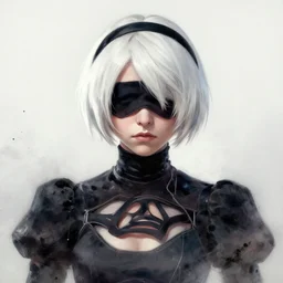 gentle portrait of nier automata 2 b blindfolded. fading to dust in gradient by nikolay makovsky greg rutkowski. streaky oil paint. sharp contrast, over exposed.
